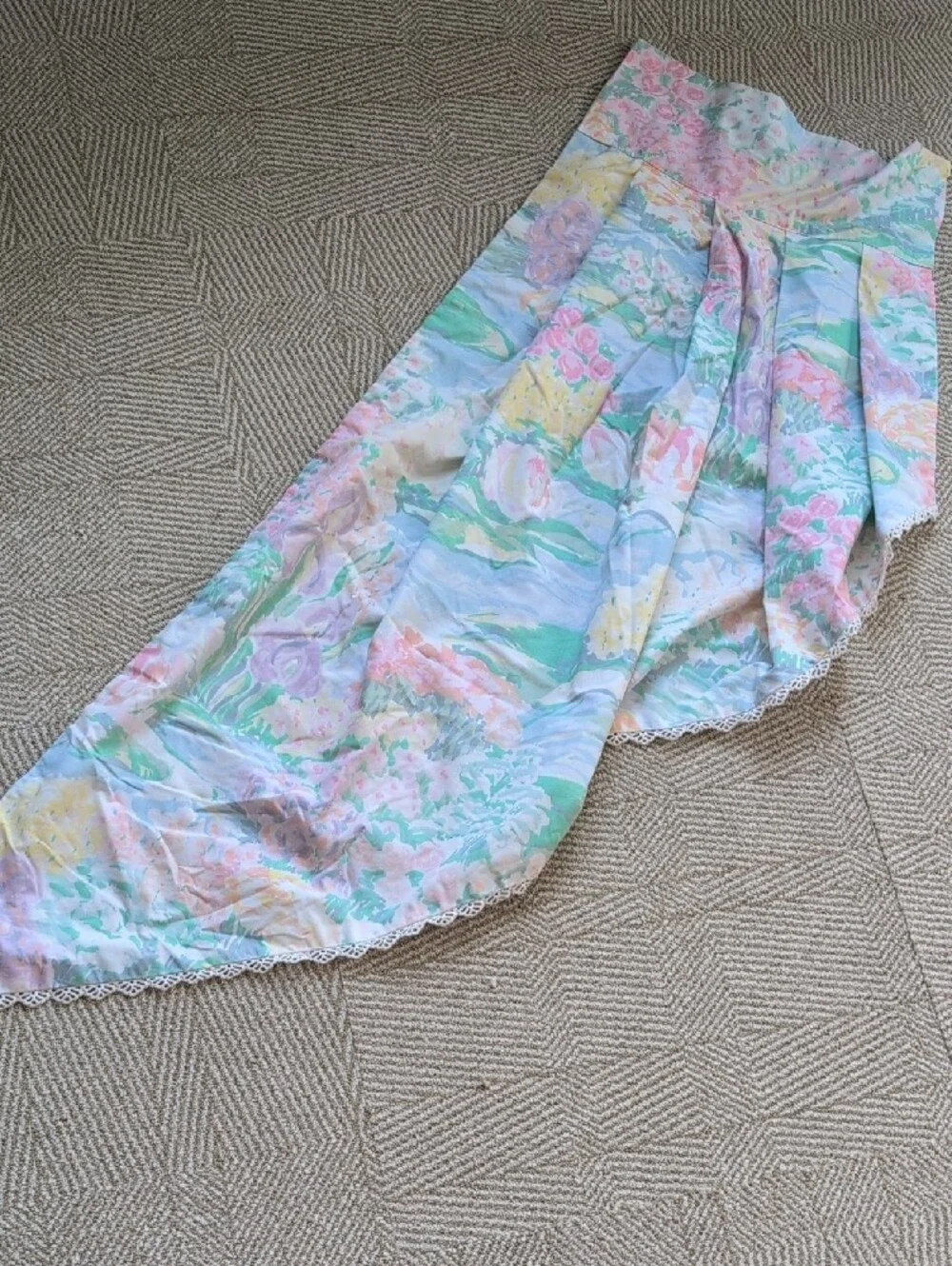 Vintage 80s Cotton Pastel Monet Floral Watercolor Curtains Panels & Valance Set